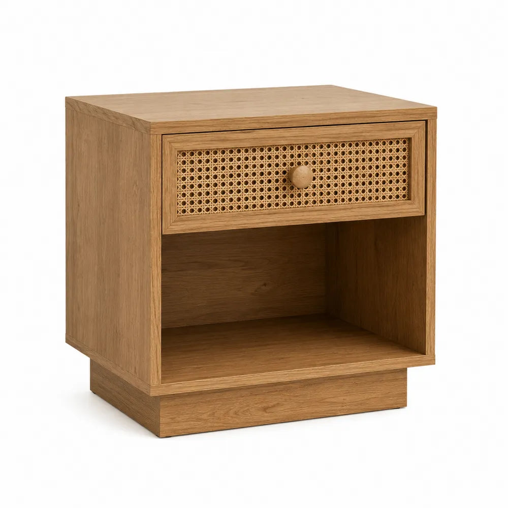 Comodino in legno con cassetto in rattan e scaffale aperto 45x35x60 cm