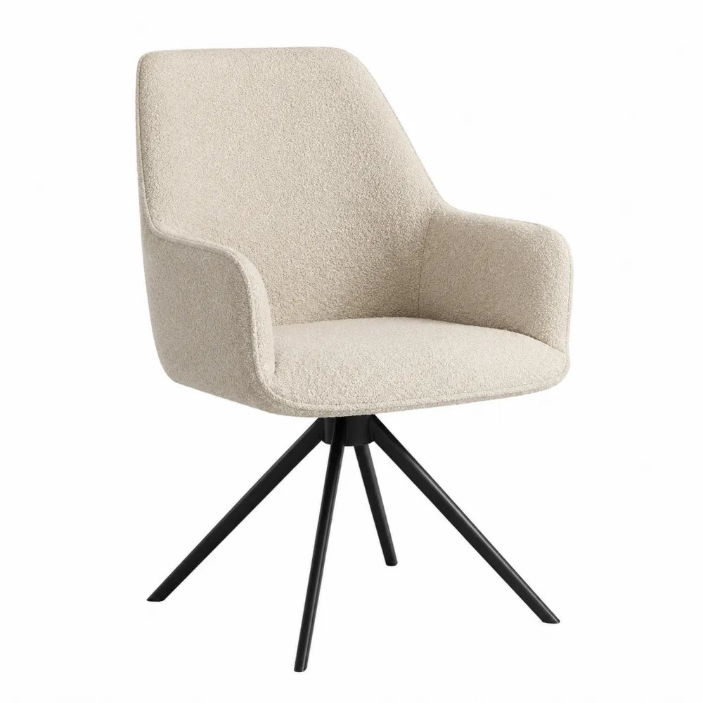 Sedia in tessuto bouclé beige con base girevole in metallo nero
