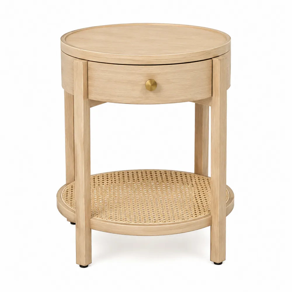 Comodino rotondo in legno e rattan con cassetto e ripiano