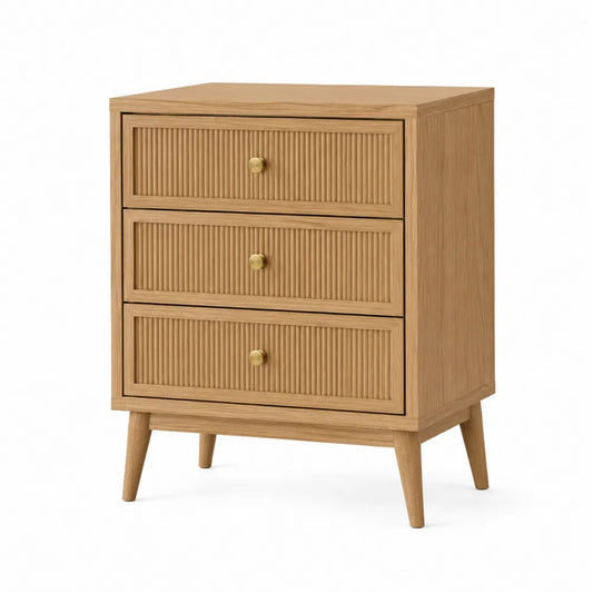 Comodino in legno MDF con 3 cassetti colore quercia chiaro