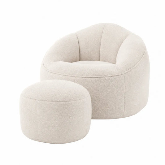 Set Poltrona con Pouf in Tessuto di Poliestere Avorio