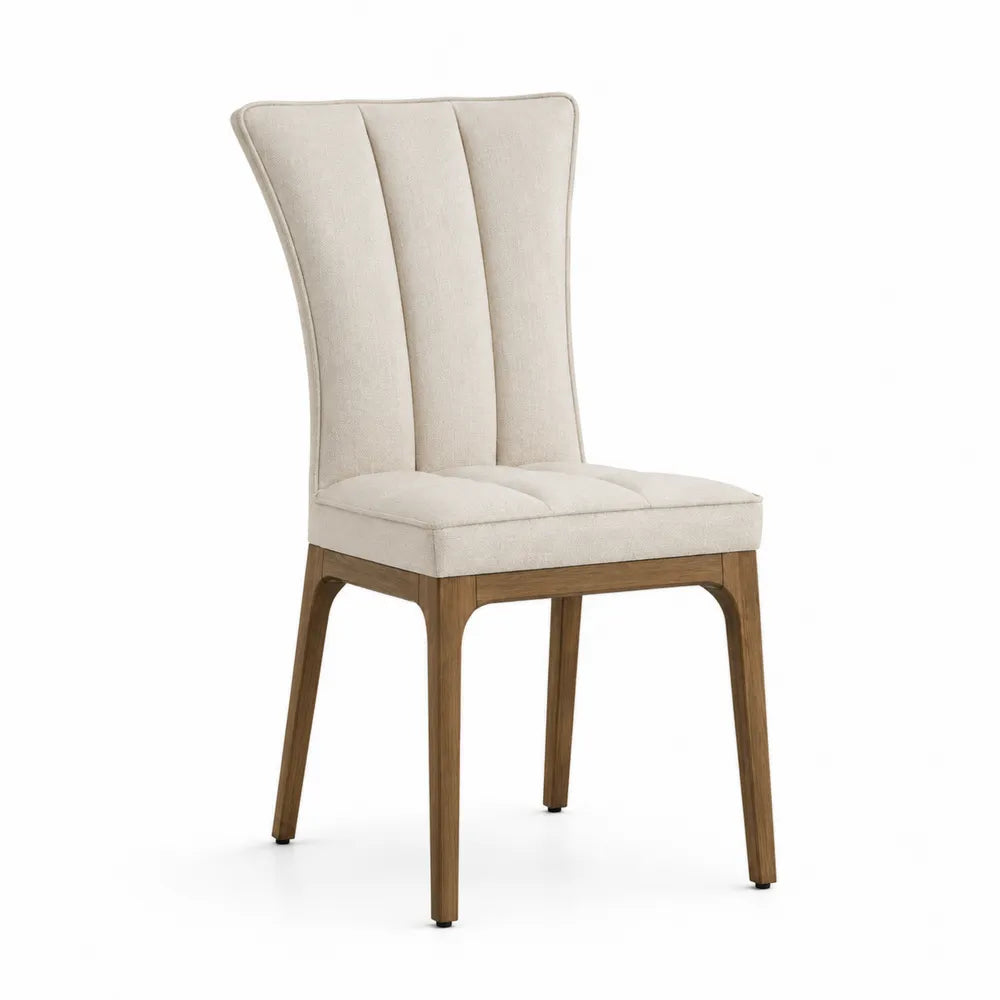 Sedia in tessuto beige con struttura in legno
