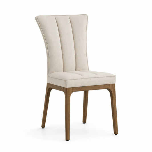 Sedia in tessuto beige con struttura in legno